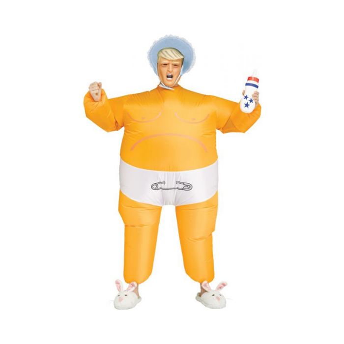 Disfraz inflable de bebé gigante naranja con pañal, máscara y gorro celeste
