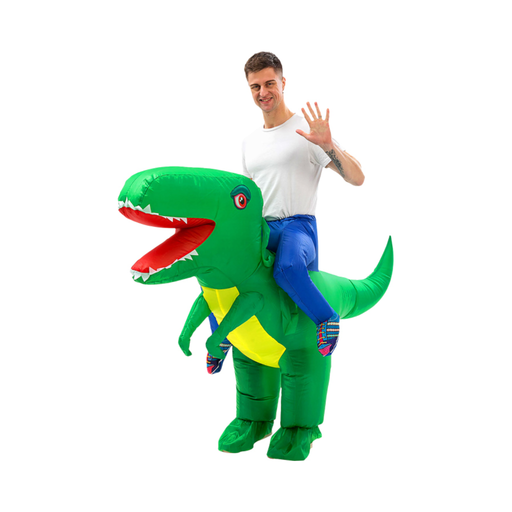 Disfraz inflable de dinosaurio verde para adulto con efecto de ir montado sobre el dinosaurio