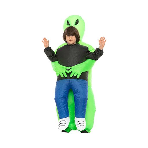 Disfraz inflable de niño cargado por un alien verde