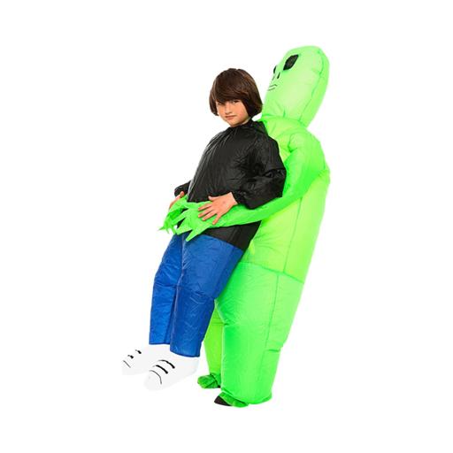 Disfraz inflable infantil de alien verde con efecto de niño cargado por el extraterrestre