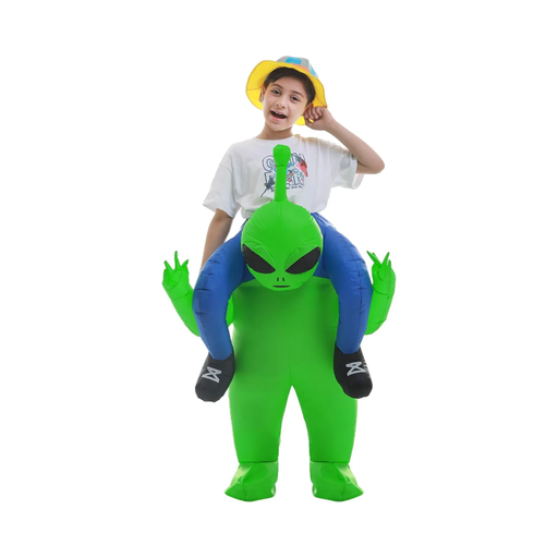 Disfraz inflable infantil de alien verde con efecto de niño montado sobre sus hombros