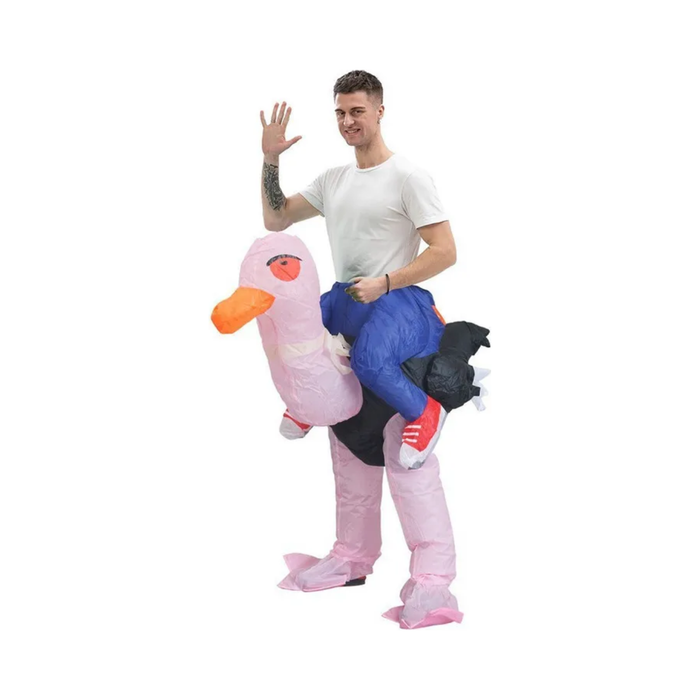 Disfraz inflable de adulto montado en un pájaro rosado de pico naranjo