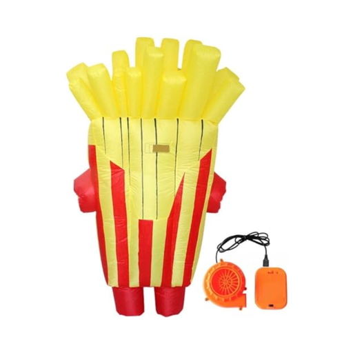 Disfraz inflable de papas fritas para adulto, caja a rayas rojas y amarillas con papas amarillas infladas, junto a ventilador y portapilas