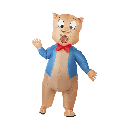 Disfraz inflable de Porky para adulto, cerdito rosado con chaqueta azul y humita roja