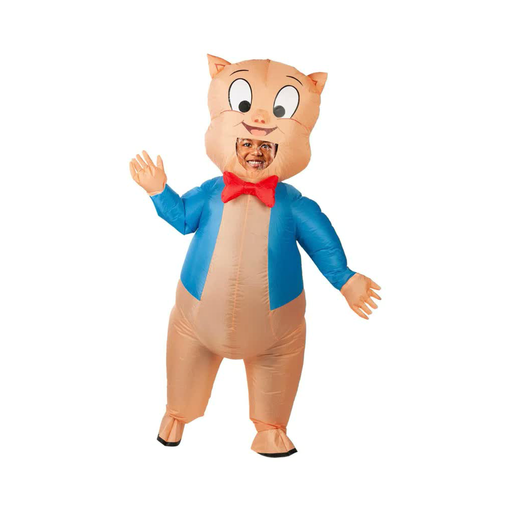 Niño con disfraz inflable de Porky con chaqueta azul y corbata de humita roja