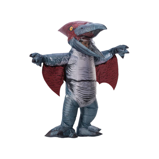 Persona con disfraz inflable de pterodáctilo gris con alas rojas y cabeza con cresta