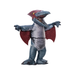 Persona con disfraz inflable de pterodáctilo gris con alas rojas y cabeza con cresta