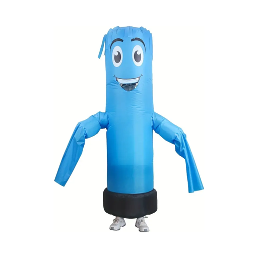Disfraz inflable Sky Dancer azul para adulto, tubo con cara sonriente, brazos sueltos y base negra
