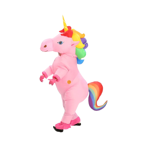 Disfraz inflable de unicornio rosado de cuerpo completo con crin y cola de arcoíris