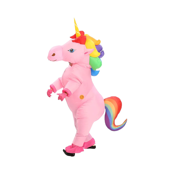 Disfraz inflable de unicornio rosado de cuerpo completo con crin y cola de arcoíris
