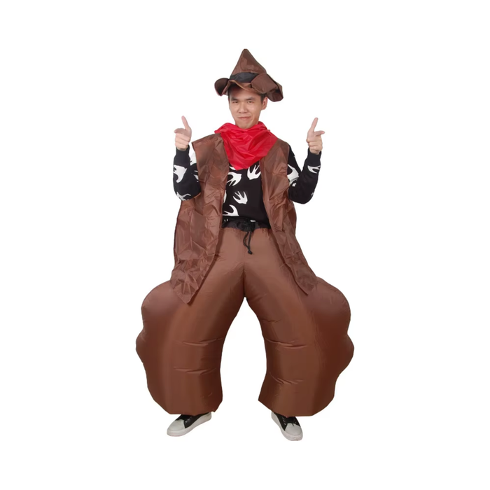 Disfraz inflable de vaquero para adulto con pantalón inflable café, chaleco café, sombrero y pañuelo rojo