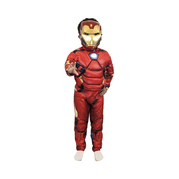 Disfraz de Iron Man para niño, traje rojo con detalles dorados y reactor en el pecho, con máscara dorada