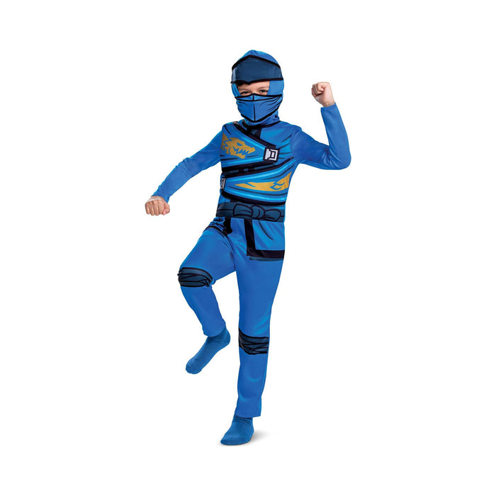 Disfraz de Jay LEGO Ninjago para niño, enterito azul con dragón dorado y capucha