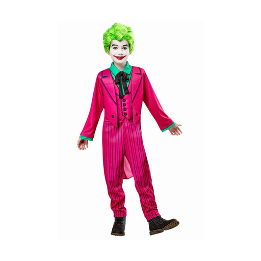 Niño con disfraz del Joker, traje rosado a rayas con chaqueta de faldón