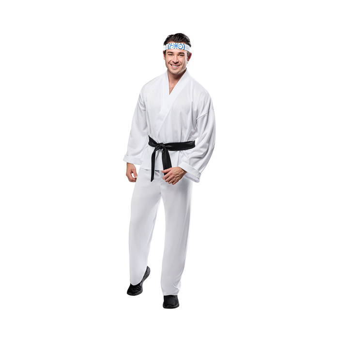 Disfraz de Karate Kid Miyagi-Do para hombre con traje de karate blanco, cinturón negro y cintillo blanco con diseño azul