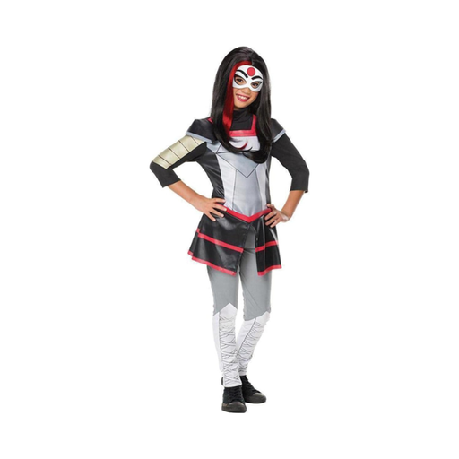 Disfraz de Katana para niña, top negro y gris con detalles rojos, pantalón gris estampado y antifaz blanco con círculo rojo
