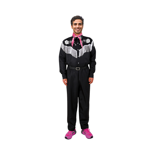 Disfraz de Ken vaquero para adulto con camisa negra con flecos blancos y flores bordadas, pañuelo rosado, cinturón y pantalón negro
