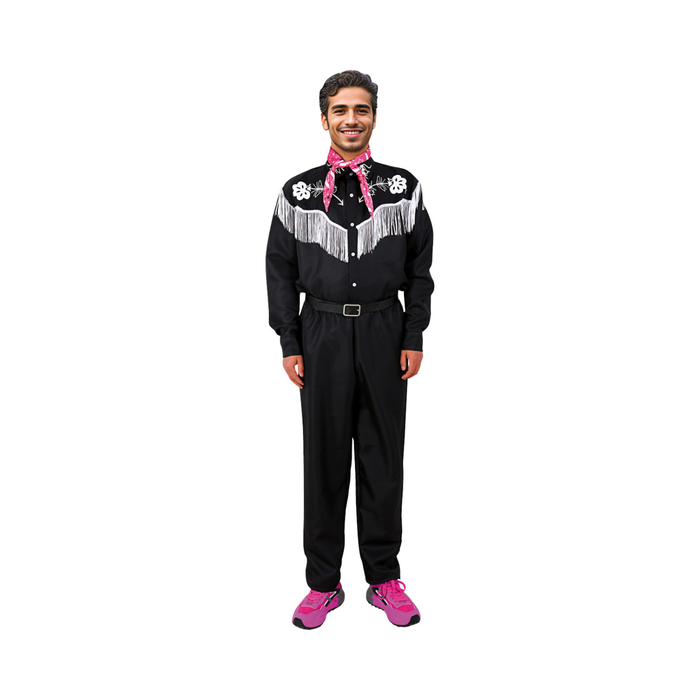 Disfraz de Ken vaquero para adulto con camisa negra con flecos blancos y flores bordadas, pañuelo rosado, cinturón y pantalón negro