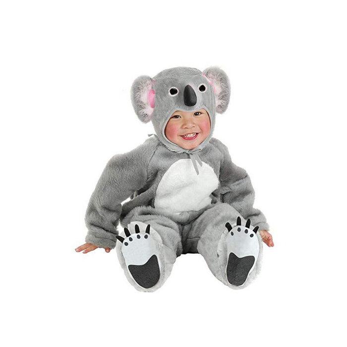 Bebé con disfraz de koala gris de felpa con capucha de orejas
