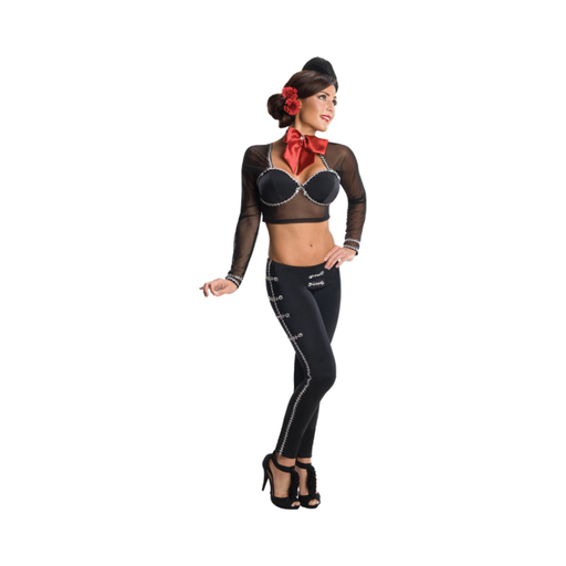 Disfraz de La Adelita mexicana para mujer, top y pantalón negro con detalles plateados y moño rojo