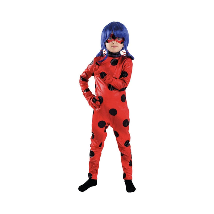 Disfraz Ladybug para niña, traje rojo con lunares negros, antifaz rojo y peluca azul
