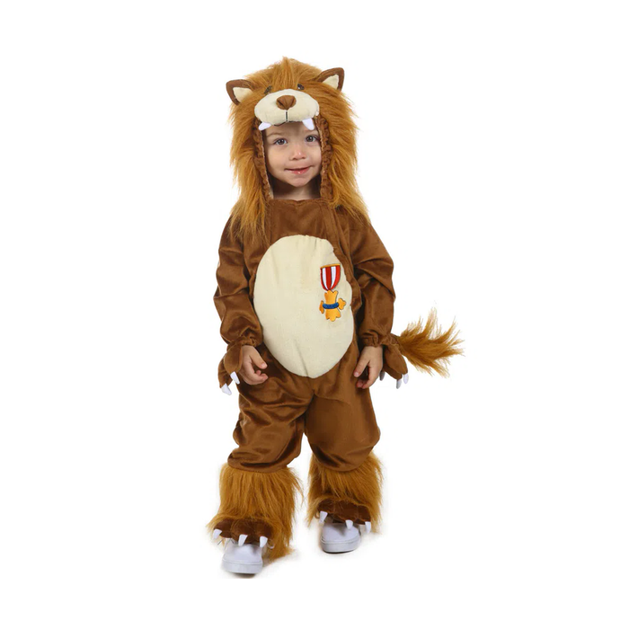 Niño pequeño con disfraz del León Cobarde, enterito café con capucha de león y melena