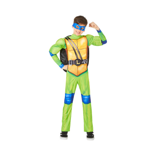 Disfraz de Leonardo Tortugas Ninja para niño, enterito verde con caparazón y antifaz azul