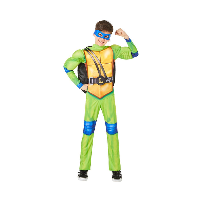 Disfraz de Leonardo Tortugas Ninja para niño, enterito verde con caparazón y antifaz azul