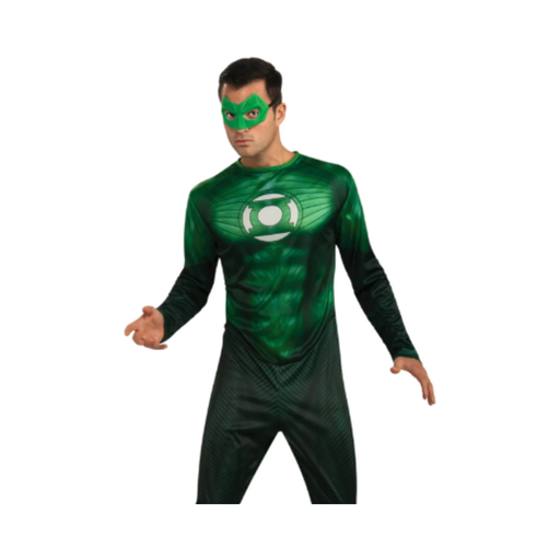 Disfraz de Linterna Verde para hombre, mono verde estampado con emblema y máscara de ojos verde