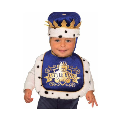 Guagua con babero azul Little King con ribete blanco de armiño y corona azul con dorado