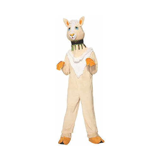 Disfraz de llama de peluche para adulto, enterito beige con pechera blanca y cabeza de llama