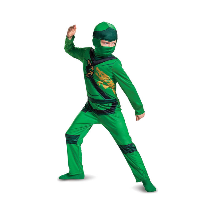 Disfraz de Lloyd LEGO Ninjago para niño, enterito verde con dragón dorado y capucha