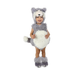 Bebé con disfraz de lobito de peluche gris con panza blanca, cola, capucha con cara de lobo y cubrepiés peludos