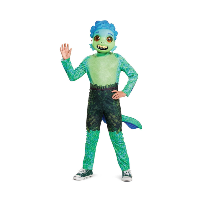 Disfraz de Luca para niño, traje verde de escamas con cola azul y máscara de monstruo marino