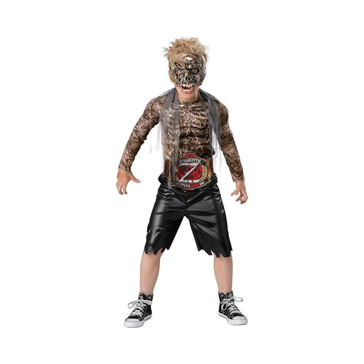 Disfraz de luchador zombie para niño, polera estampada, short negro, cinturón de campeón y máscara