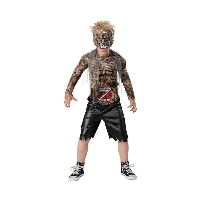 Disfraz de luchador zombie para niño, polera estampada, short negro, cinturón de campeón y máscara