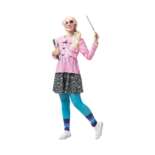 Disfraz de Luna Lovegood para mujer, camisa rosada a cuadros, falda estampada, medias turquesa y gafas