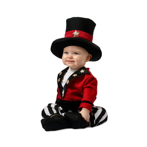Bebé con disfraz de maestro de ceremonias de circo, chaqueta roja, pantalón a rayas y sombrero de copa