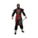 Hombre con disfraz de maestro ninja negro y rojo con capucha que cubre la cara