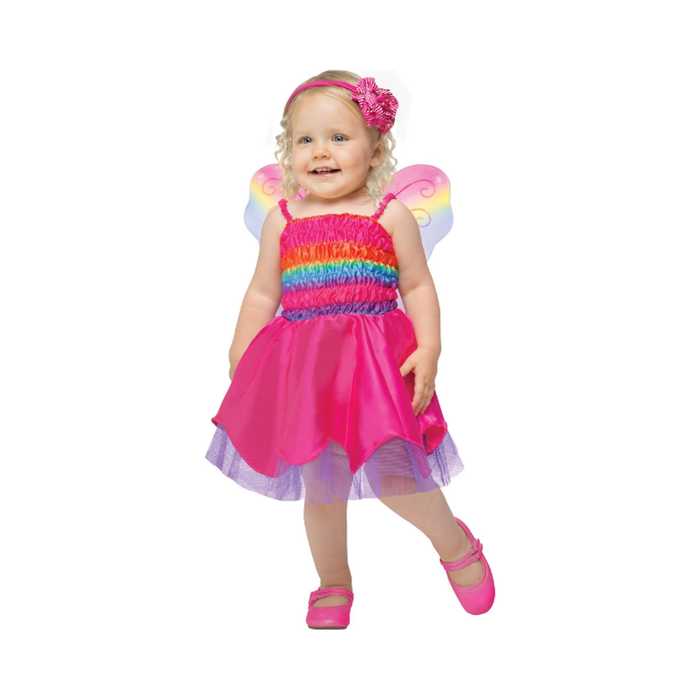 Disfraz de mariposa arcoíris para bebé, vestido fucsia con franjas de colores y alas
