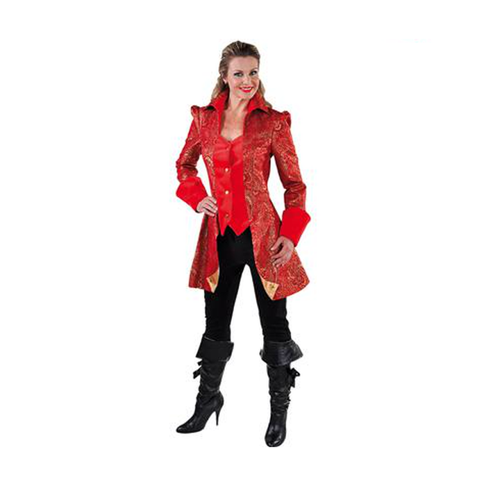 Mujer con chaqueta de marqués de brocado rojo