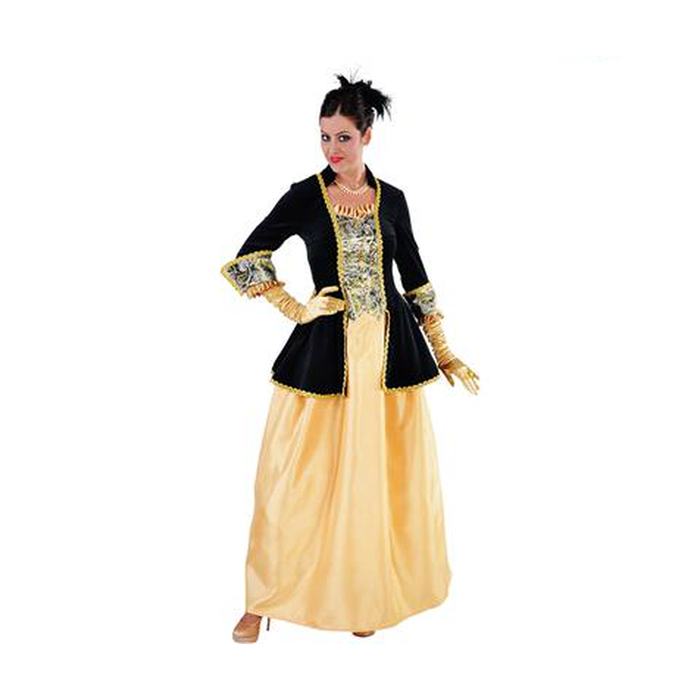 Mujer con disfraz de marquesa dorado y negro