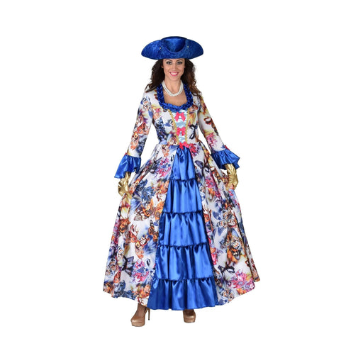 Disfraz de marquesa para mujer, vestido largo con estampado de mariposas y vuelos azules
