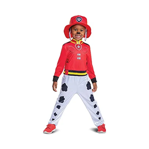 Disfraz de Marshall de Paw Patrol para niño, mono rojo y blanco con manchas y gorro de bombero