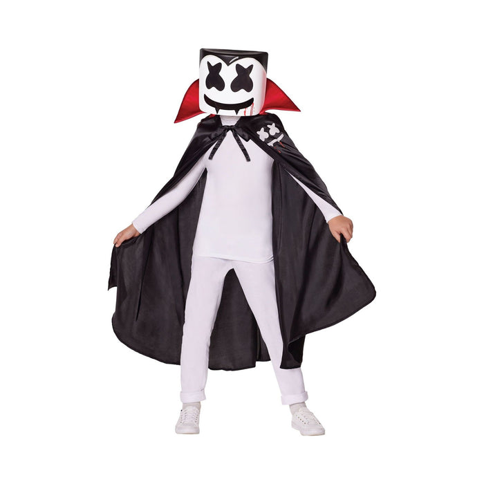 Disfraz de Marshmello vampiro para niño, capa negra con cuello rojo y media máscara blanca
