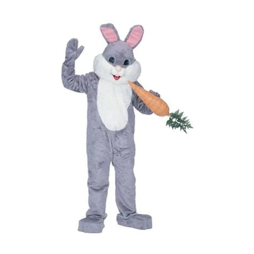 Botarga de conejo gris con vientre blanco, orejas largas rosadas y guantes