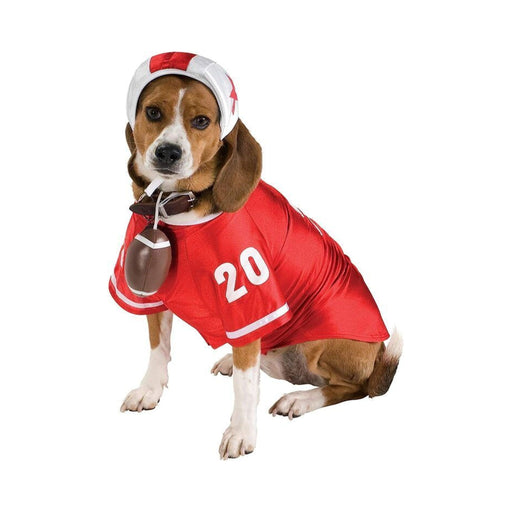 Perro con disfraz de jugador de fútbol americano, camiseta roja número 20 y casco suave