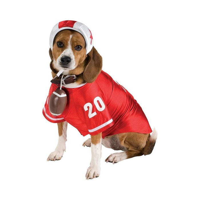 Perro con disfraz de jugador de fútbol americano, camiseta roja número 20 y casco suave
