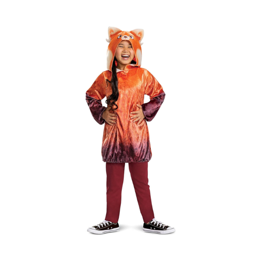 Disfraz de Mei panda rojo para niña, túnica naranja con capucha de panda y calzas burdeo