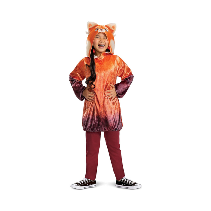 Disfraz de Mei panda rojo para niña, túnica naranja con capucha de panda y calzas burdeo